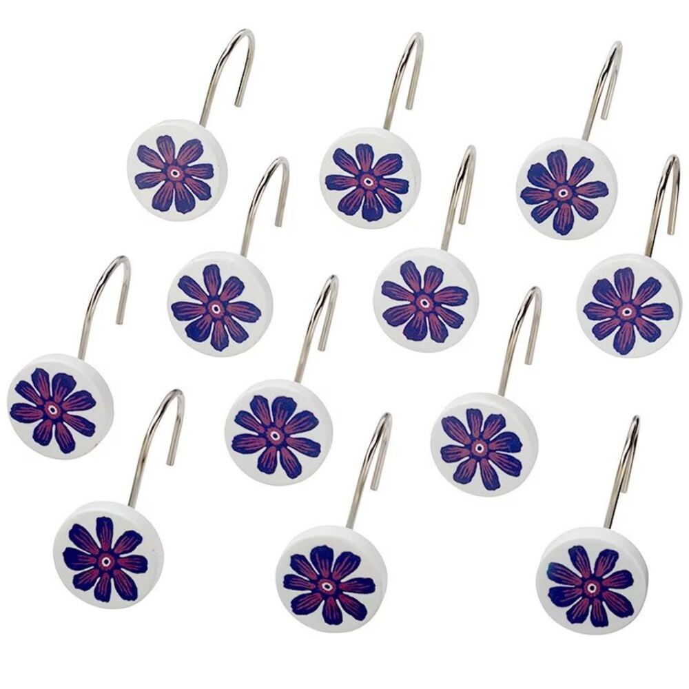 Retro Vibe Blue Floral Shower Curtain Hooks 12pc Ceramic Metal Bathroom Gift NEW